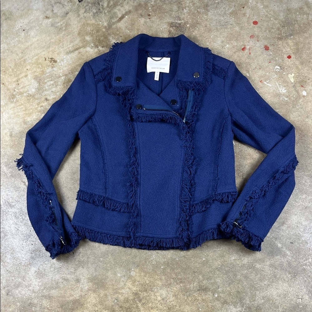 Rebecca Taylor Tweed Navy Blue Fringe Moto Jacket
Size: 6